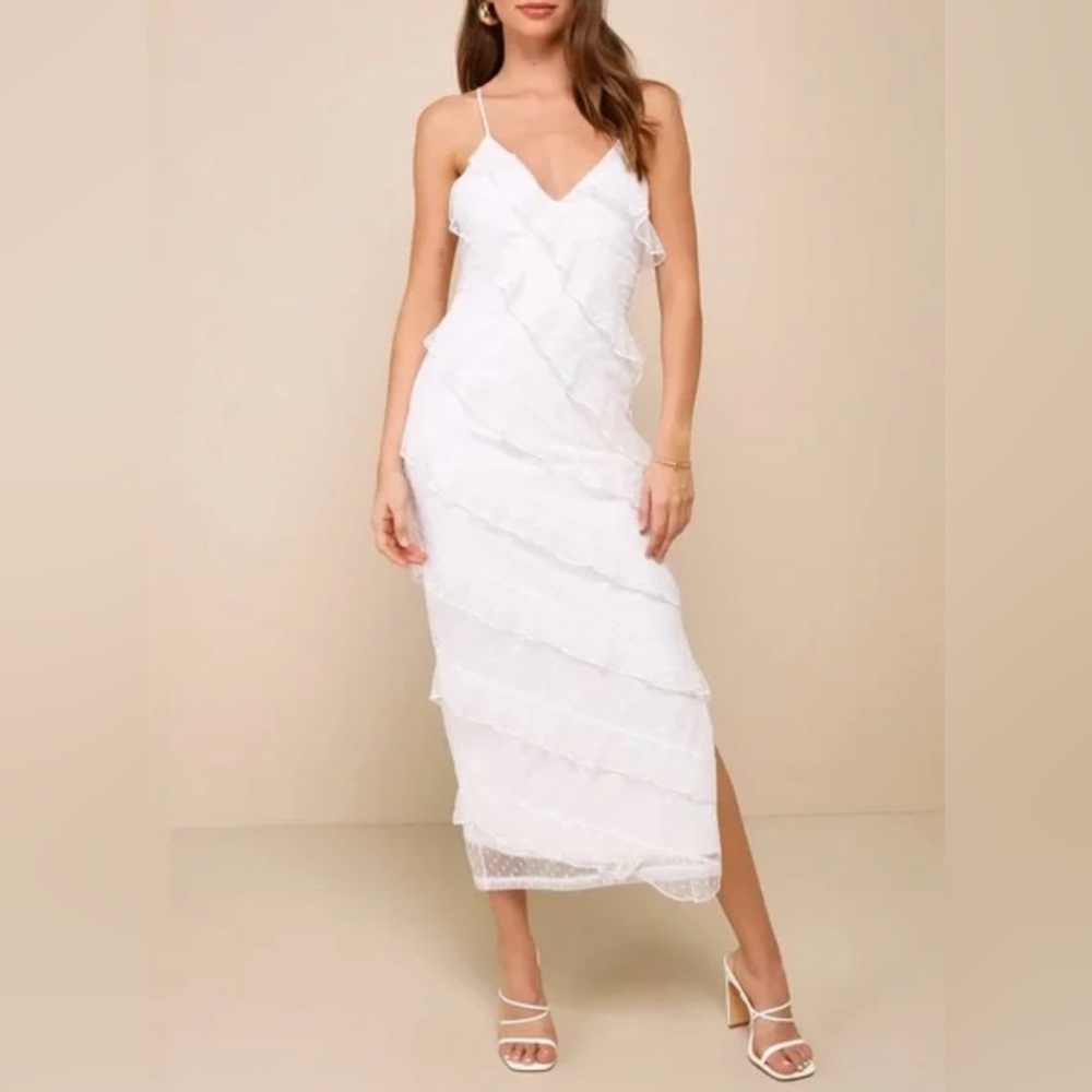 Lulus Women’s White Swiss Dot Ruffle Midi Dress Spaghetti Straps Size S